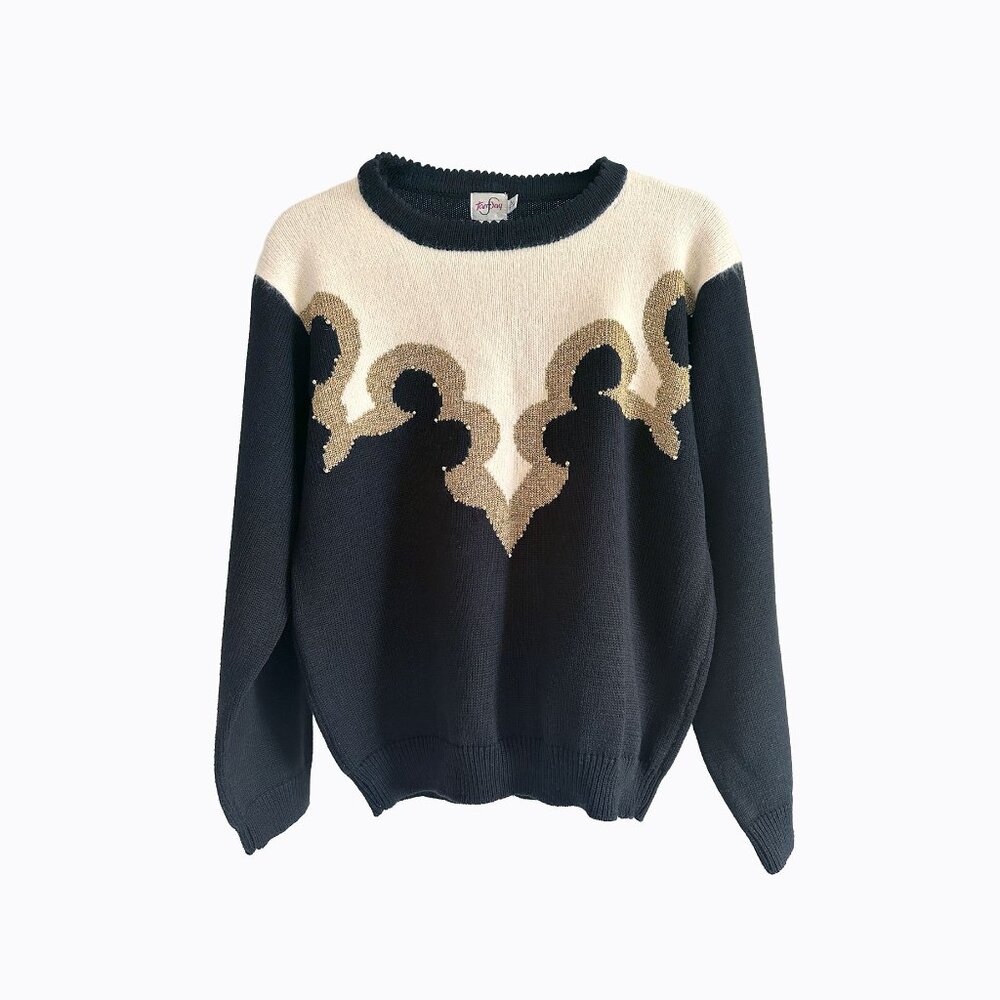 Vintage Western Motif Sweater L Black Cream Pearl Bead Embellished 90s Cowgirl